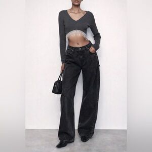 Zara Rhinestone Fringe Crop Top Grey Ribbed Y2K Going Out Size L